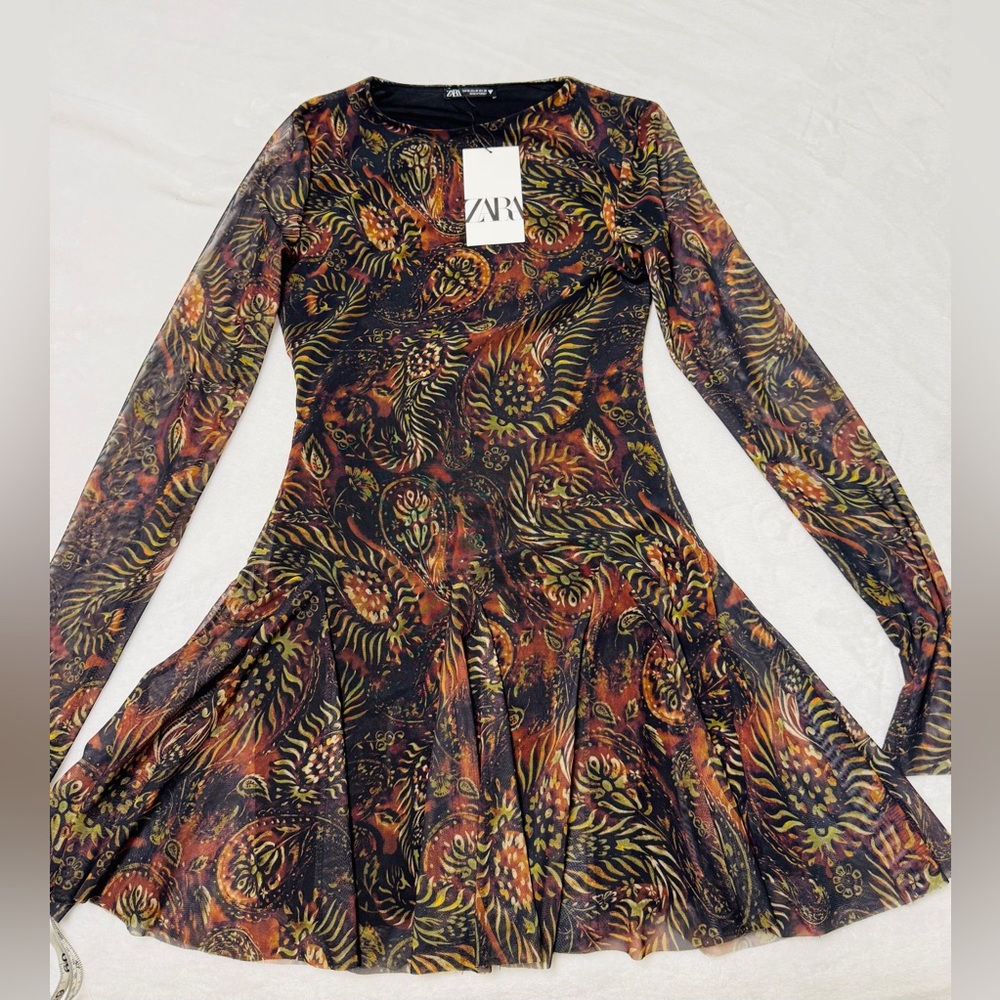 Zara Black and Orange Patterned Long Sleeve Dress